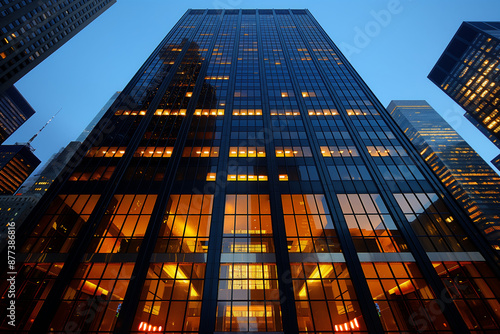 Wallpaper Mural  modern high-rise office building at dusk, featuring reflective glass facades illuminated with warm, golden lights Torontodigital.ca