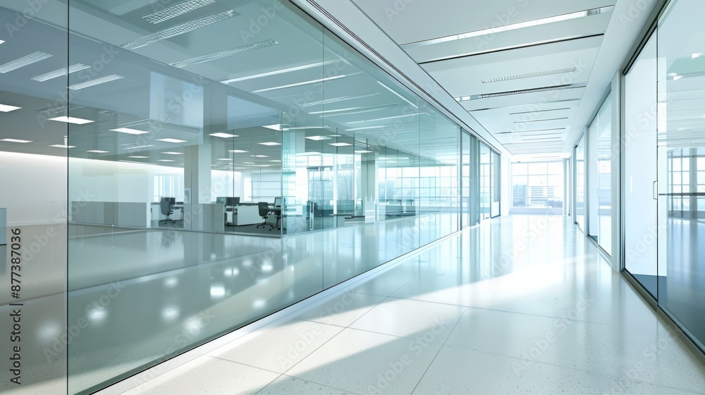 Modern Office Corridor with Glass Walls Modern Office Corridor with Glass Walls