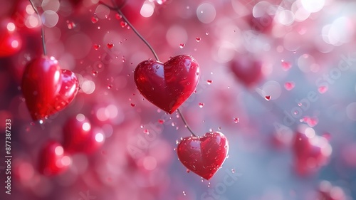 Close-up of Red Heart-shaped Ornaments with Water Droplets Hanging with Pink and Blue Bokeh Background for Valentineâ€™s DayValentine's Day photo