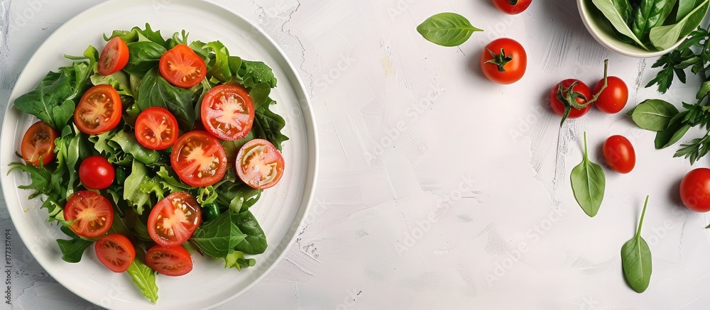 A plate with a fresh salad garnished and a bowl of ripe tomatoes aside creating a vibrant scene with copy space image