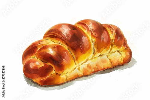 A beautifully illustrated freshly baked challah bread, isolated on a clean white background, perfect for food bloggers and enthusiasts. The golden crust and soft interior are mouthwateringly depicted. photo