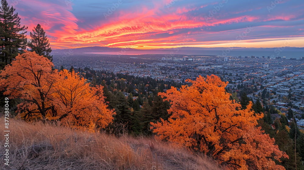 A hill with trees and a city in the background A hill with trees and a city in the background