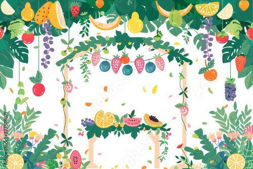 Wallpaper Mural A colorful illustration of a garden decorated for Sukkot, featuring a sukkah and vibrant fruit garlands. The atmosphere is lively and festive, perfect for the Jewish holiday. Torontodigital.ca