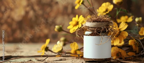 Expensive bird s nest in glass bottle with no label on brown background with yellow flowers Ideal mockup scene to showcase health product with copy space image photo