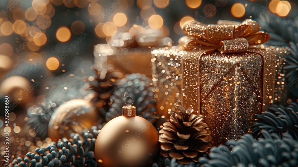 Elegant holiday setting with gold-decorated Christmas gifts, glittering ornaments, and pinecones surrounded by festive lights creating a warm and festive atmosphereChristmas Elegant holiday setting with gold-decorated Christmas gifts, glittering ornaments, and pinecones surrounded by festive lights creating a warm and festive atmosphereChristmas