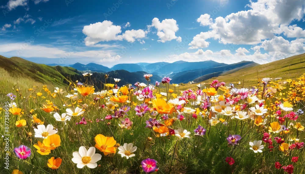 Fototapeta premium Wildflowers are blooming on a sunny day with mountains in the background