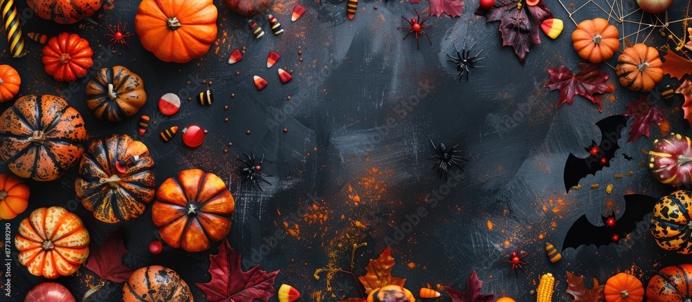 Top down view of a Halloween themed collage featuring pumpkins spiders a witch bats and treats with copy space image Top down view of a Halloween themed collage featuring pumpkins spiders a witch bats and treats with copy space image