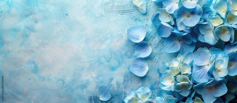 Top down view of artistic blue Hydrangea flowers on an ink background with ample copy space image Top down view of artistic blue Hydrangea flowers on an ink background with ample copy space image