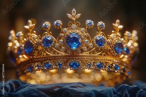 Luxurious Gold Crown Adorned with Glimmering Blue Gemstones and Intricate Details Set Against Blurred, Regal Background on Velvet Fabricluxury