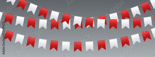 Bunting flags, carnival party flags, white and red festive pennants hanging on a rope. Festival vector decoration.