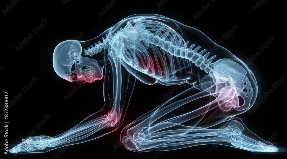 X-ray of human body in a crawling pose highlighting pain points in red ...