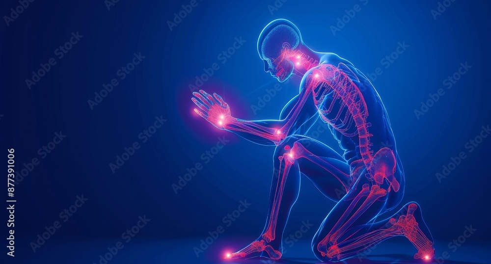 X-ray of human body kneeling highlighting pain points in joints and hands X-ray of human body kneeling highlighting pain points in joints and hands