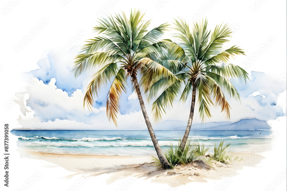 Fototapeta premium Holiday summer travel vacation illustration - Watercolor painting of palms, palm tree on teh beach with ocean sea, design for logo or t shirt, isolated on white background 
