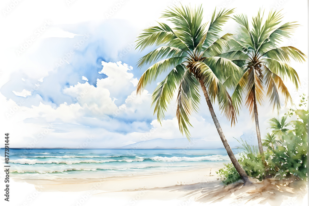 Fototapeta premium Holiday summer travel vacation illustration - Watercolor painting of palms, palm tree on teh beach with ocean sea, design for logo or t shirt, isolated on white background 