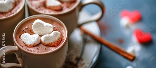 Valentine s Day themed hot chocolate with heart shaped marshmallows captured in a close up shot with space for additional images