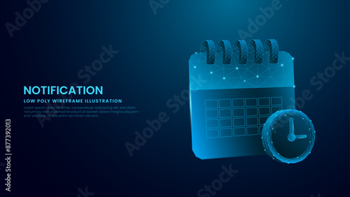 Time Management and Notification Low Poly Wireframe in Blue Technology Background. Project Deadline and Schedule Vector Illustration