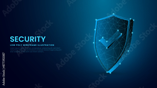 Shield and Protection Low Poly Wireframe in Blue Technology Background. 3D Safety and Security Symbol Vector Illustration