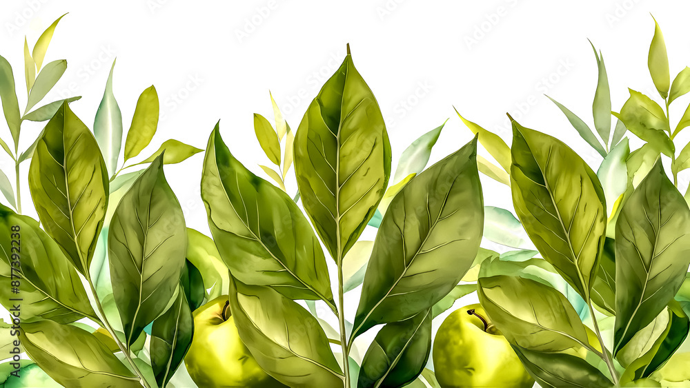 Obraz premium Serene Watercolor Illustration of Lush Green Foliage on White Background. Soft Pastel Green Leaves and Apples, Vibrant Celebration of Nature's Beauty. Minimalistic Background