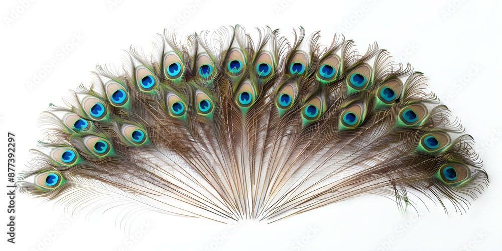 Obraz premium Peacock feathers displayed beautifully against white background. Concept Nature Beauty, Peacock Feathers, Color Contrast, Wildlife Inspiration, Artistic Display
