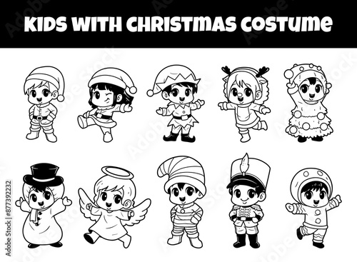 Kids set with christmas costume outline vector illustration
