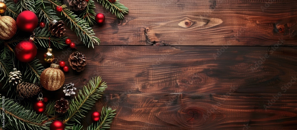 Dark wood board adorned with a Christmas tree and festive decorations ideal for adding text or graphics as a copy space image Dark wood board adorned with a Christmas tree and festive decorations ideal for adding text or graphics as a copy space image