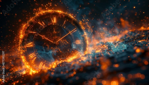 An abstract artwork depicting a burning clock in a fiery explosion, symbolizing the concept of time photo