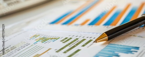 Close-up of financial charts and graphs with a pen lying on top, representing business analysis and financial planning concepts.