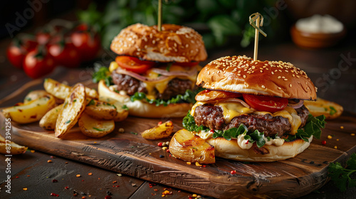 two burgers with cheese and potatoes, 