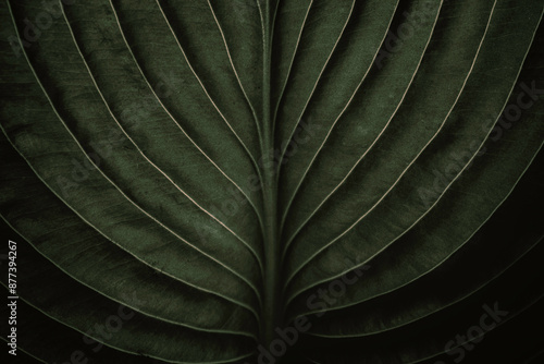 Closeup macro of exotic sage green tropical jungle leaf with veins texture, stylized earthy moody natural leaves foliage background with copy space, organic eco nature concept