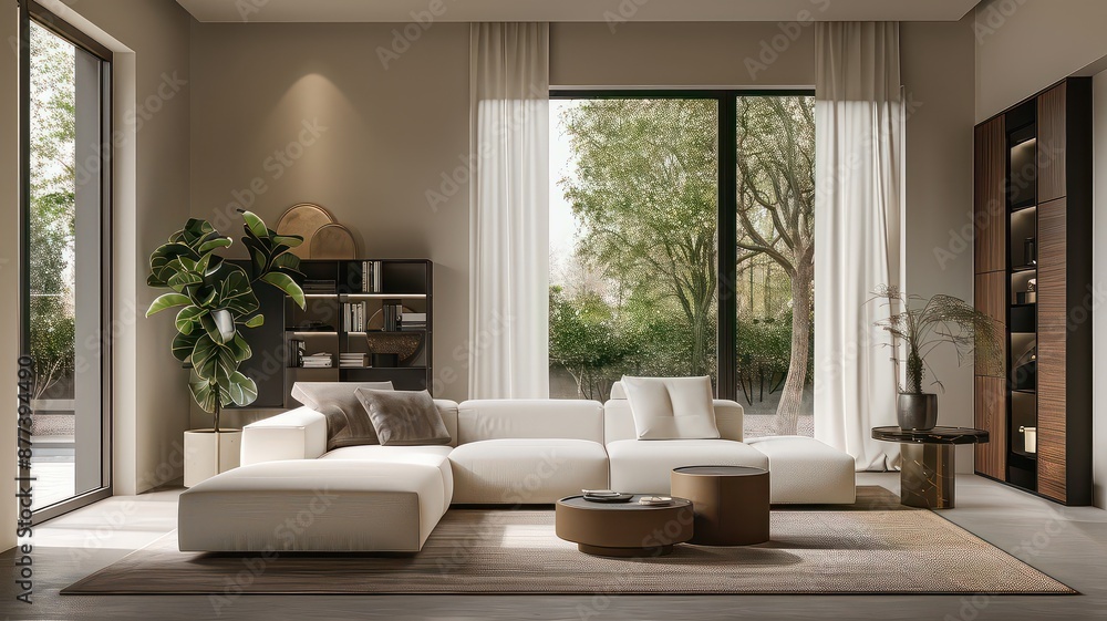 Fototapeta premium A modern living room with a white sectional sofa, large windows offering natural light, a bookshelf, and minimalistic decor. The room features a blend of neutral tones, greenery