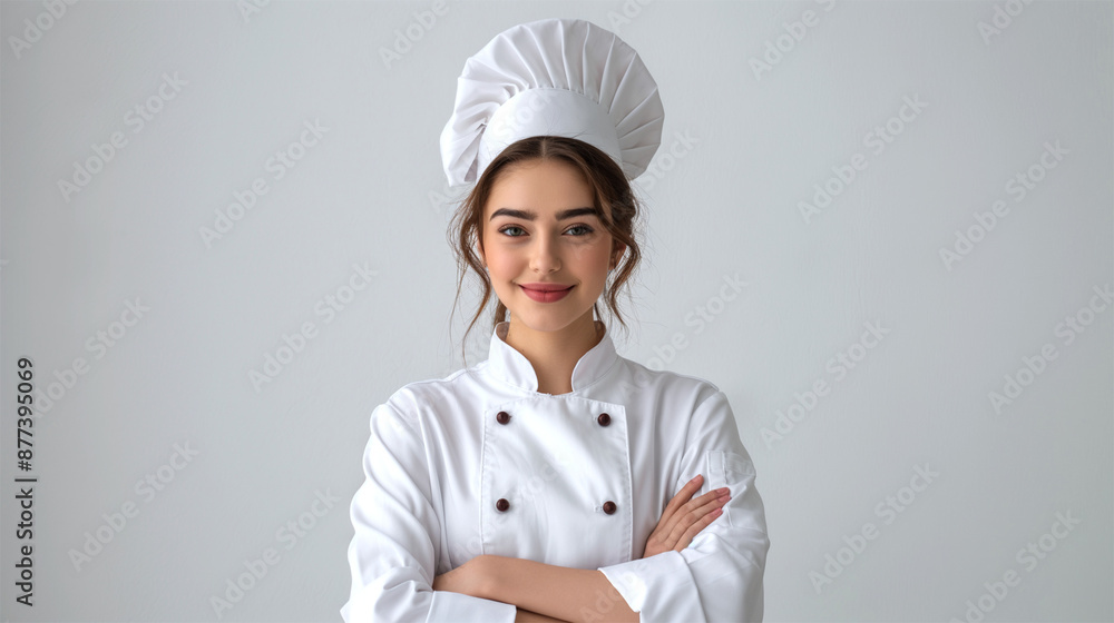 Smiling Female Chef in White Uniform and Chef Hat with Crossed Arms on White Background Smiling Female Chef in White Uniform and Chef Hat with Crossed Arms on White Background