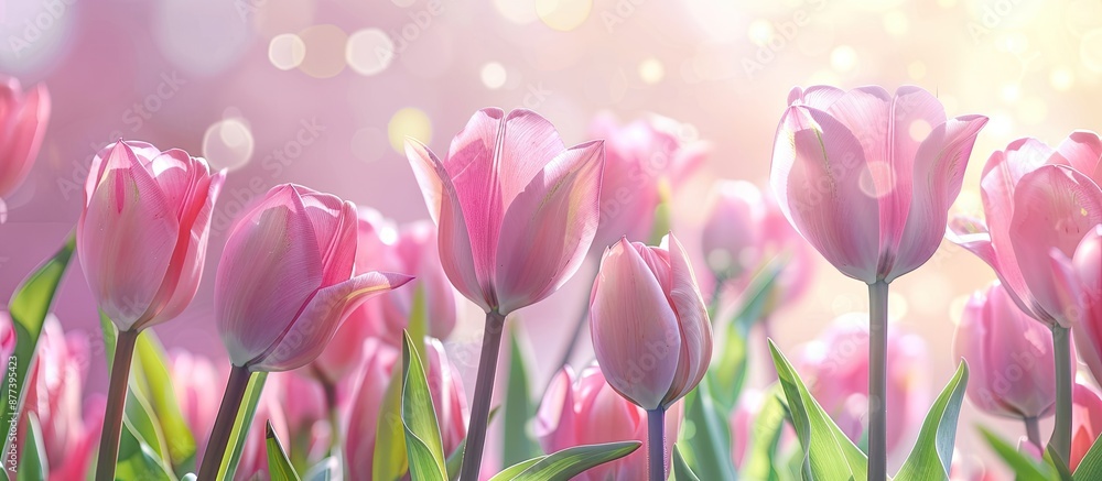Obraz premium Spring greeting card featuring a banner of charming pink tulips with a placeholder for additional visuals like a copy space image