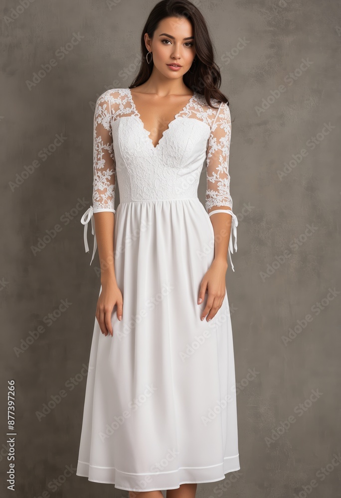 A woman in a white lace dress with delicate sleeves stands against a grey wall A woman in a white lace dress with delicate sleeves stands against a grey wall