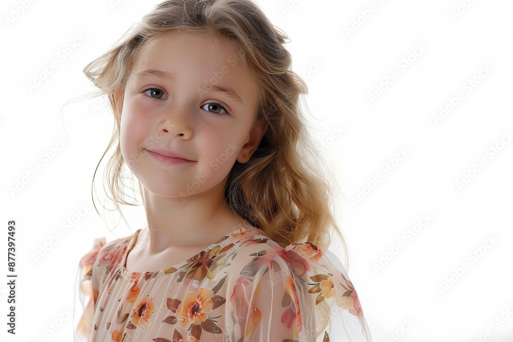 Portrait of smiling young girl with long blonde hair wearing floral blouse on white background Portrait of smiling young girl with long blonde hair wearing floral blouse on white background