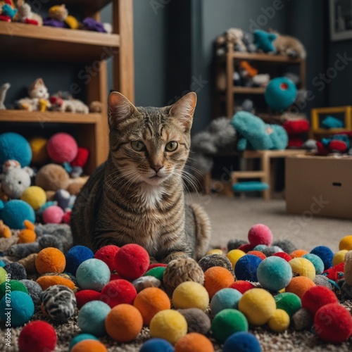 A cat exploring a pile of toys in a playroom.