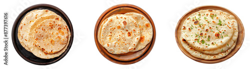 Three different types of flatbreads are shown in a wooden bowl, isolated on transparent background