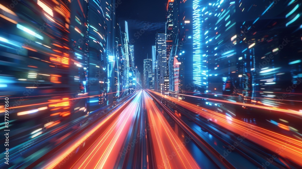 3D Rendering of Warp Speed in Hyper Loop in Mega City at Night
3D Rendering of Warp Speed in Hyper Loop in Mega City at Night