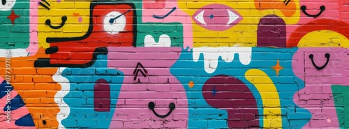 Bright and energetic graffiti on a smooth brick wall background, filled with playful shapes. 