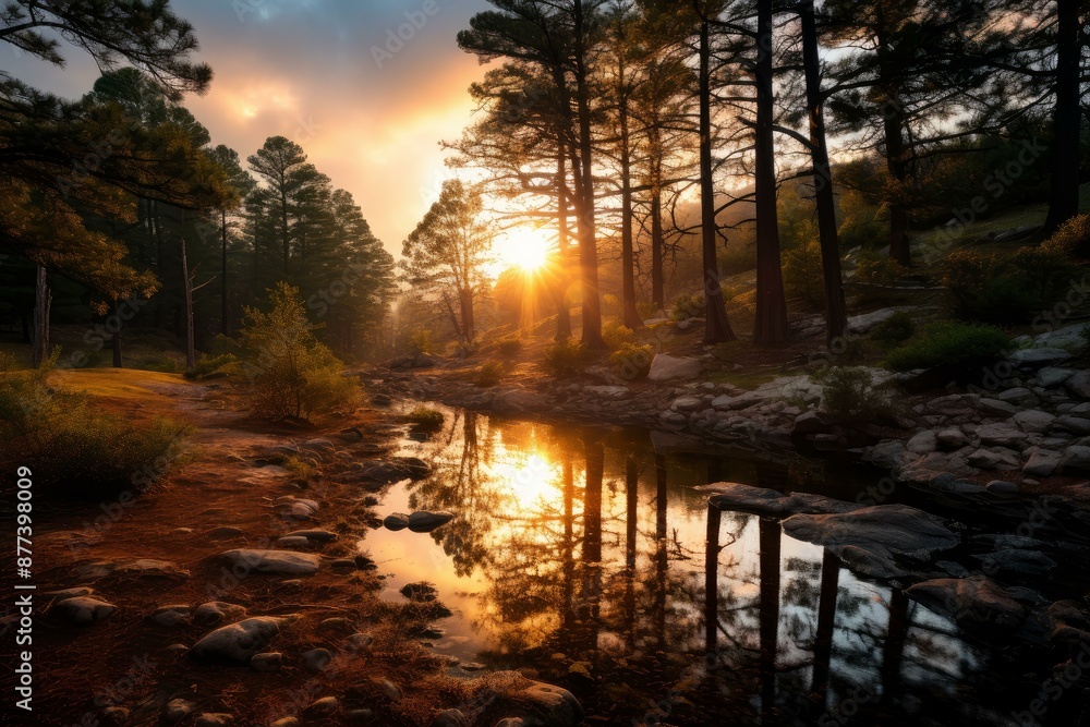 Obraz premium Golden sunrise filters through pine trees, reflecting on a peaceful forest creek