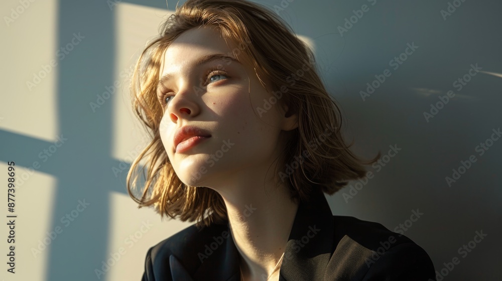 Golden Hour Daydream: A young woman with light brown hair gazes thoughtfully towards a window, bathed in the warm glow of afternoon sunlight. Her expression is one of serene contemplation, capturing t Golden Hour Daydream: A young woman with light brown hair gazes thoughtfully towards a window, bathed in the warm glow of afternoon sunlight. Her expression is one of serene contemplation, capturing t