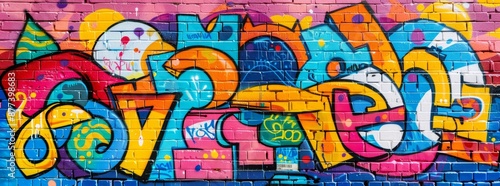 Wallpaper Mural Bright and energetic graffiti on a smooth brick wall background, filled with playful shapes.  Torontodigital.ca