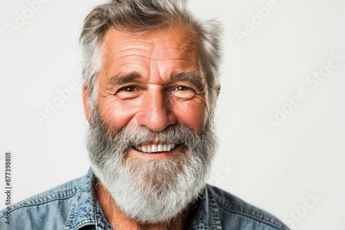 Portrait of a handsome old mature man smiling with clean teeth for a dental ad guy with fresh stylish hair and beard with strong jawline