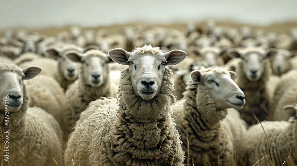 Fototapeta premium Pastoral scene of sheep grazing on a sunlit green pasture.