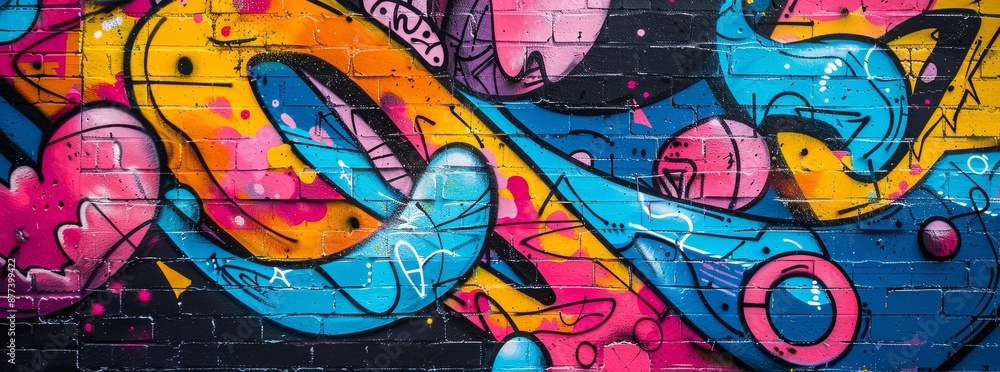 Dynamic graffiti with urban themes on a cinder block wall background, using bright colors. Dynamic graffiti with urban themes on a cinder block wall background, using bright colors.