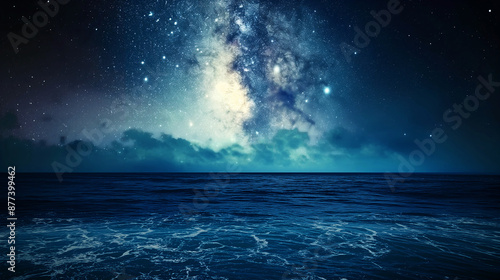 A beautiful night sky with a large body of water in the foreground