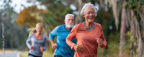 A group of older people are running in a park with leaves on the ground. Illustration. © Dalibor