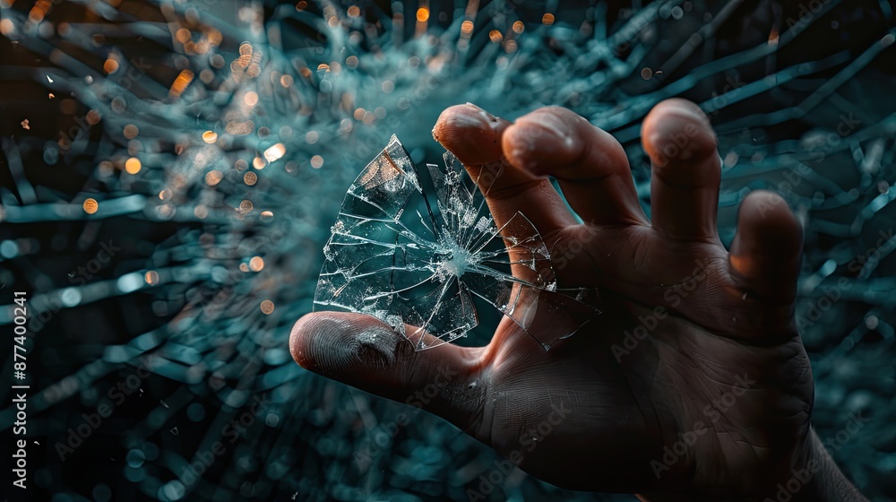 Fototapeta premium Painful Injury: Closeup of Worker's Hand Cut by Broken Glass on Dark Background - Realistic Scene of Accident