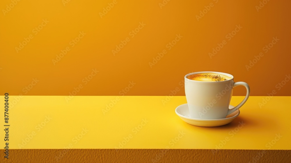 Obraz premium Coffee cup on table with yellow backdrop and room for text