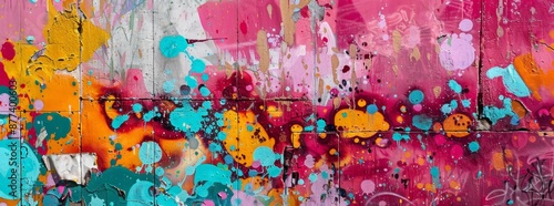 Street art with vibrant hues on a graffiti-filled wall background, highlighting urban culture. 