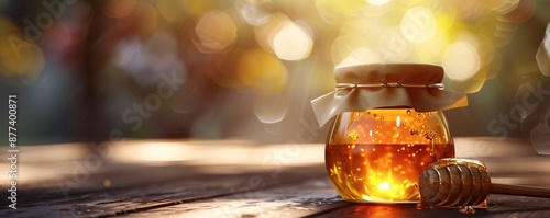 Clear glass jar brimming with delicious honey.